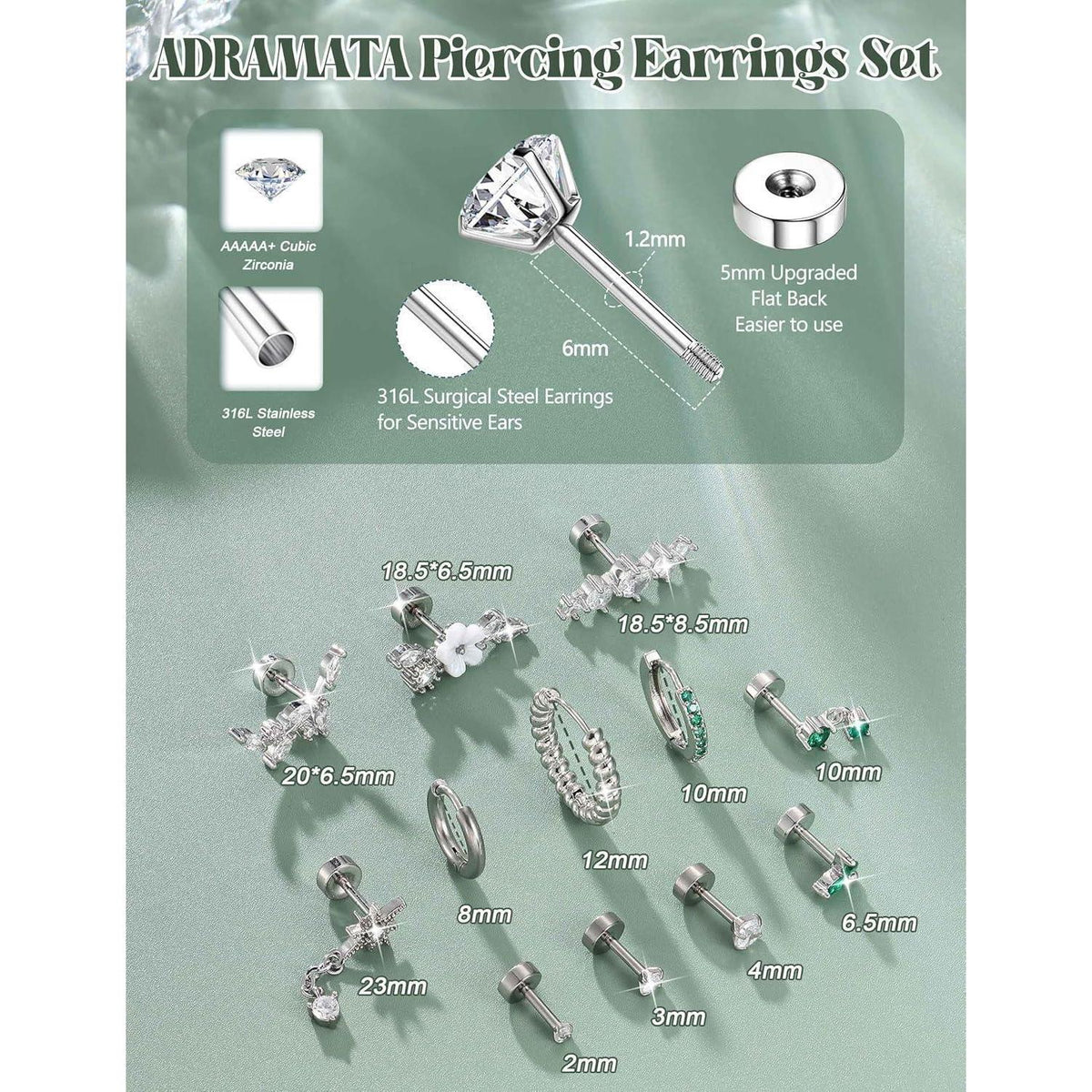 Helix Piercing Set | 12er Set Ohrringe Chirurgenstahl & CZ