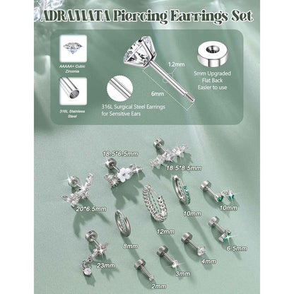 Helix Piercing Set | 12er Set Ohrringe Chirurgenstahl & CZ