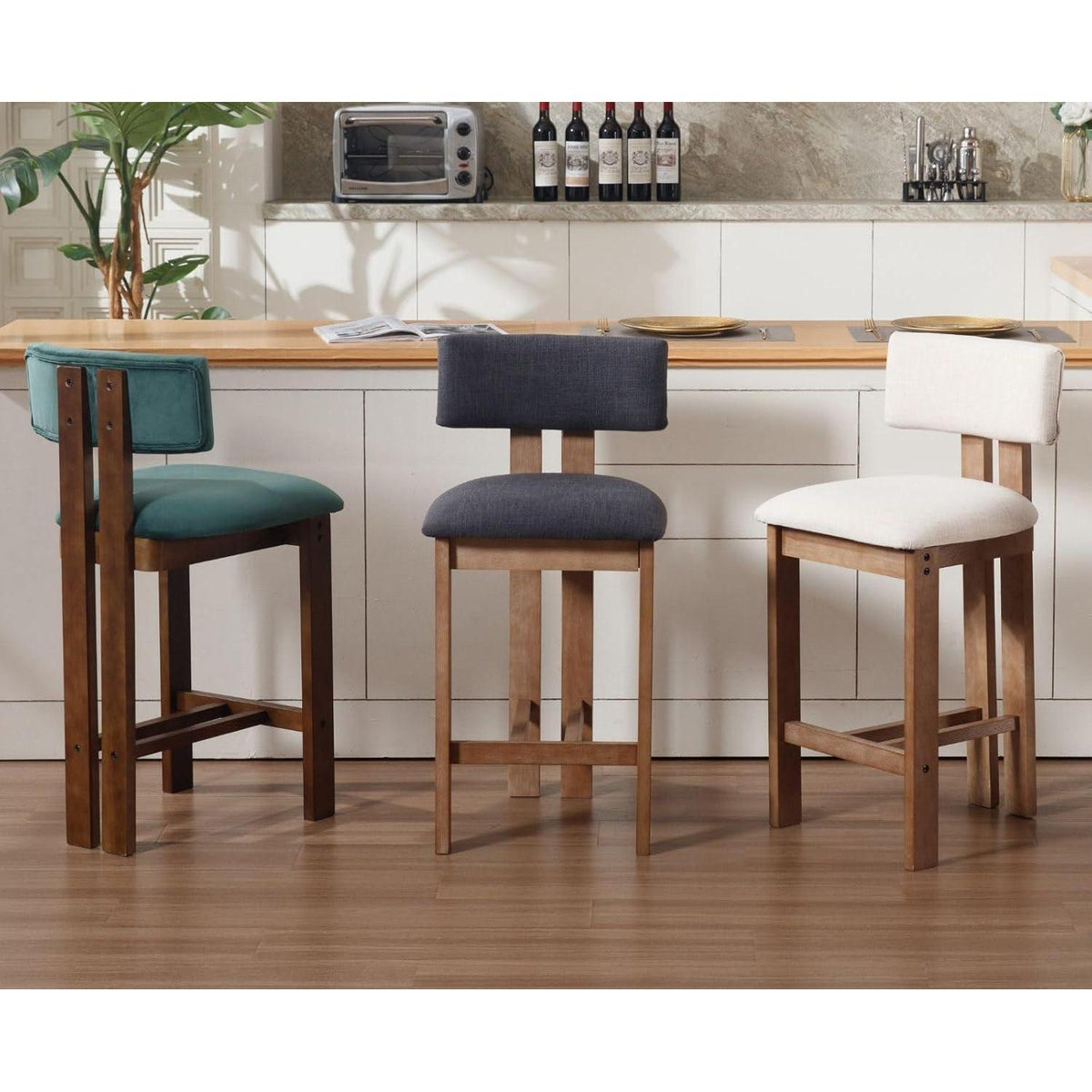 Barhocker Set 2er Samt – Holzbeine, Grün