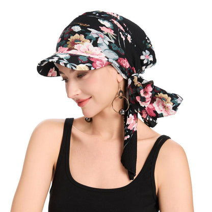 Damen Chemo Kopfbedeckung mit Krempe & Blumenmuster Schwarz