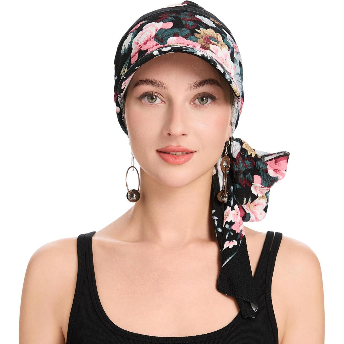 Damen Chemo Kopfbedeckung mit Krempe & Blumenmuster Schwarz