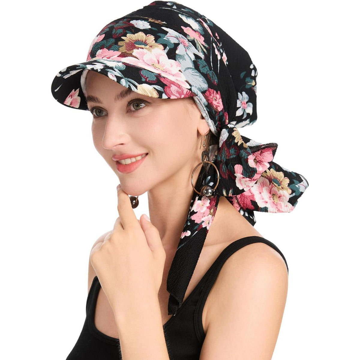 Damen Chemo Kopfbedeckung mit Krempe & Blumenmuster Schwarz