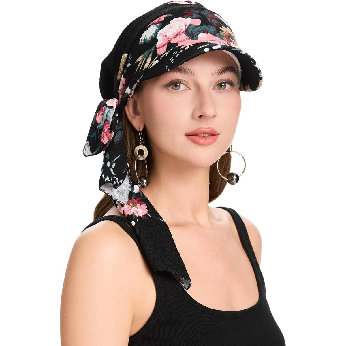 Damen Chemo Kopfbedeckung mit Krempe & Blumenmuster Schwarz