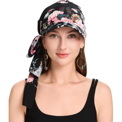 Damen Chemo Kopfbedeckung mit Krempe & Blumenmuster Schwarz