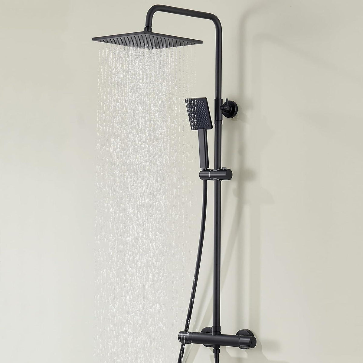 Duschsystem mit Thermostat, Regendusche Schwarz 25x25cm
