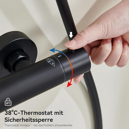 Duschsystem mit Thermostat, Regendusche Schwarz 25x25cm