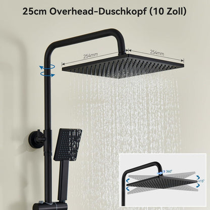 Duschsystem mit Thermostat, Regendusche Schwarz 25x25cm