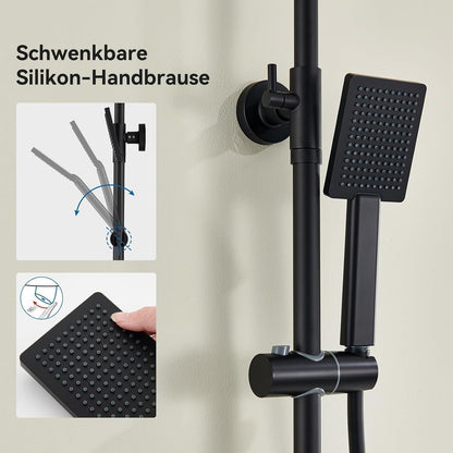 Duschsystem mit Thermostat, Regendusche Schwarz 25x25cm