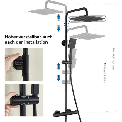 Duschsystem mit Thermostat, Regendusche Schwarz 25x25cm
