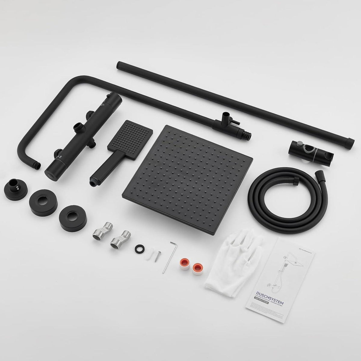 Duschsystem mit Thermostat, Regendusche Schwarz 25x25cm