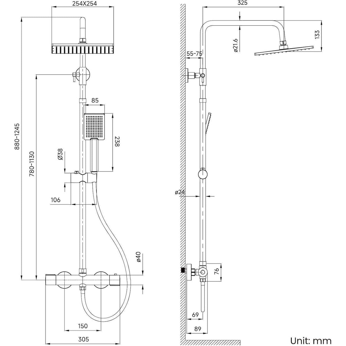 Duschsystem mit Thermostat, Regendusche Schwarz 25x25cm