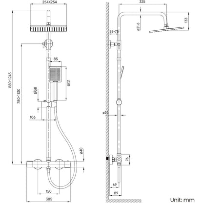 Duschsystem mit Thermostat, Regendusche Schwarz 25x25cm