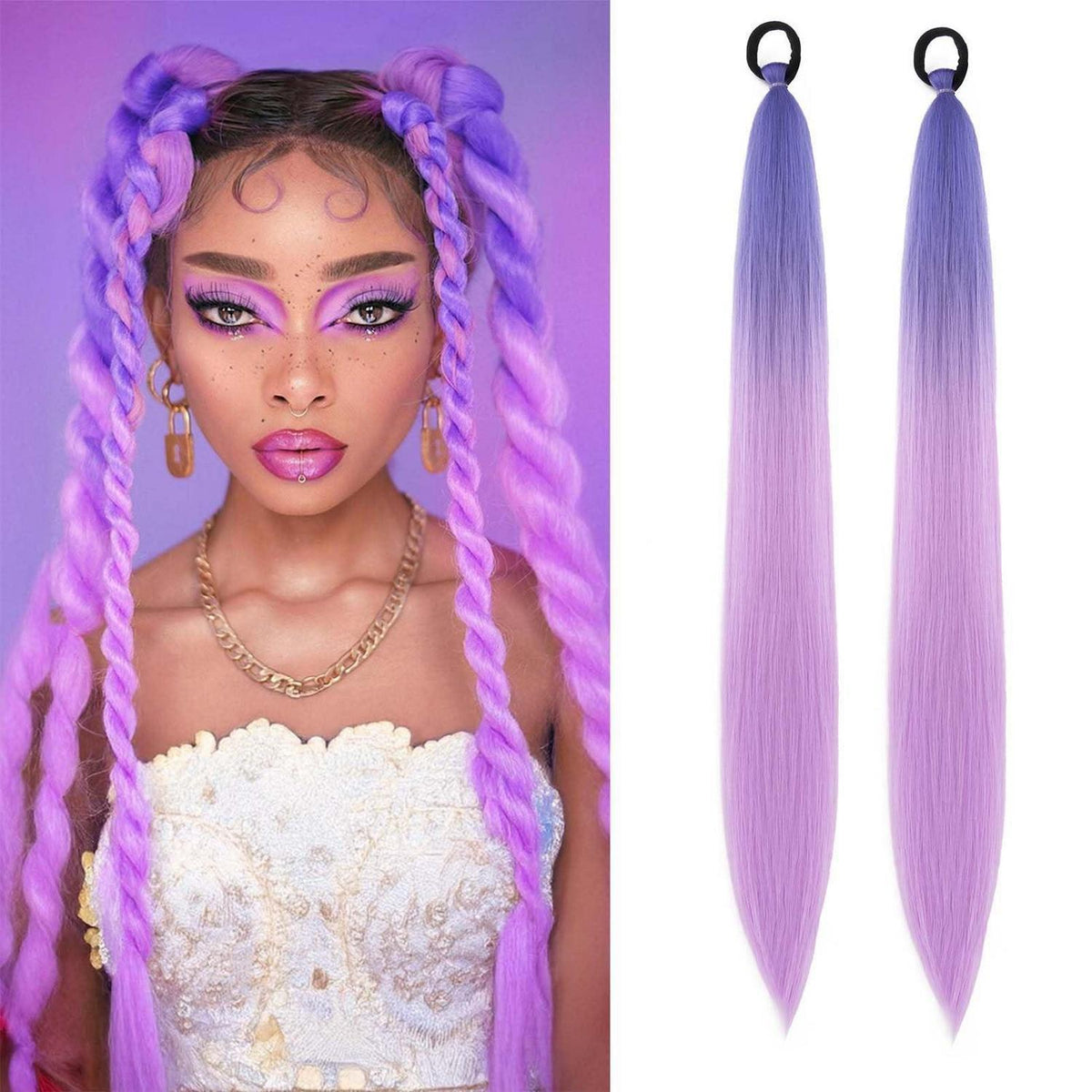 Ombre Zopfverlängerung Blau-Lila zu Hell-Lila, 66cm (2er Pack)