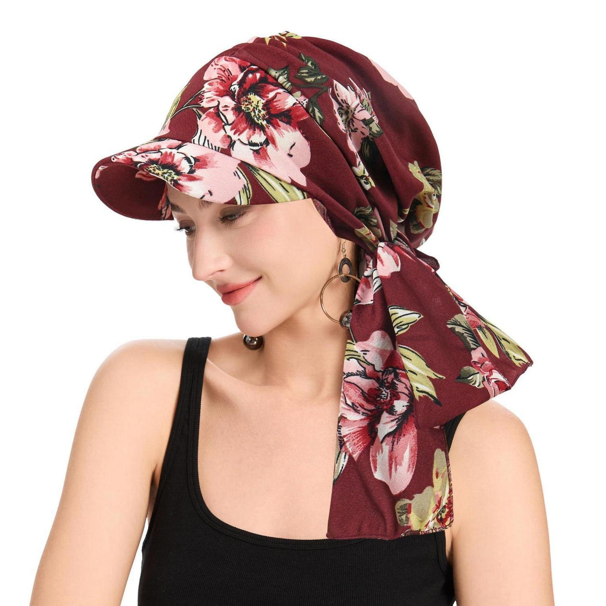 Damen Chemo Kopfbedeckung mit Krempe, Blumenmuster Burgunderrot