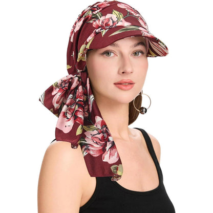 Damen Chemo Kopfbedeckung mit Krempe, Blumenmuster Burgunderrot
