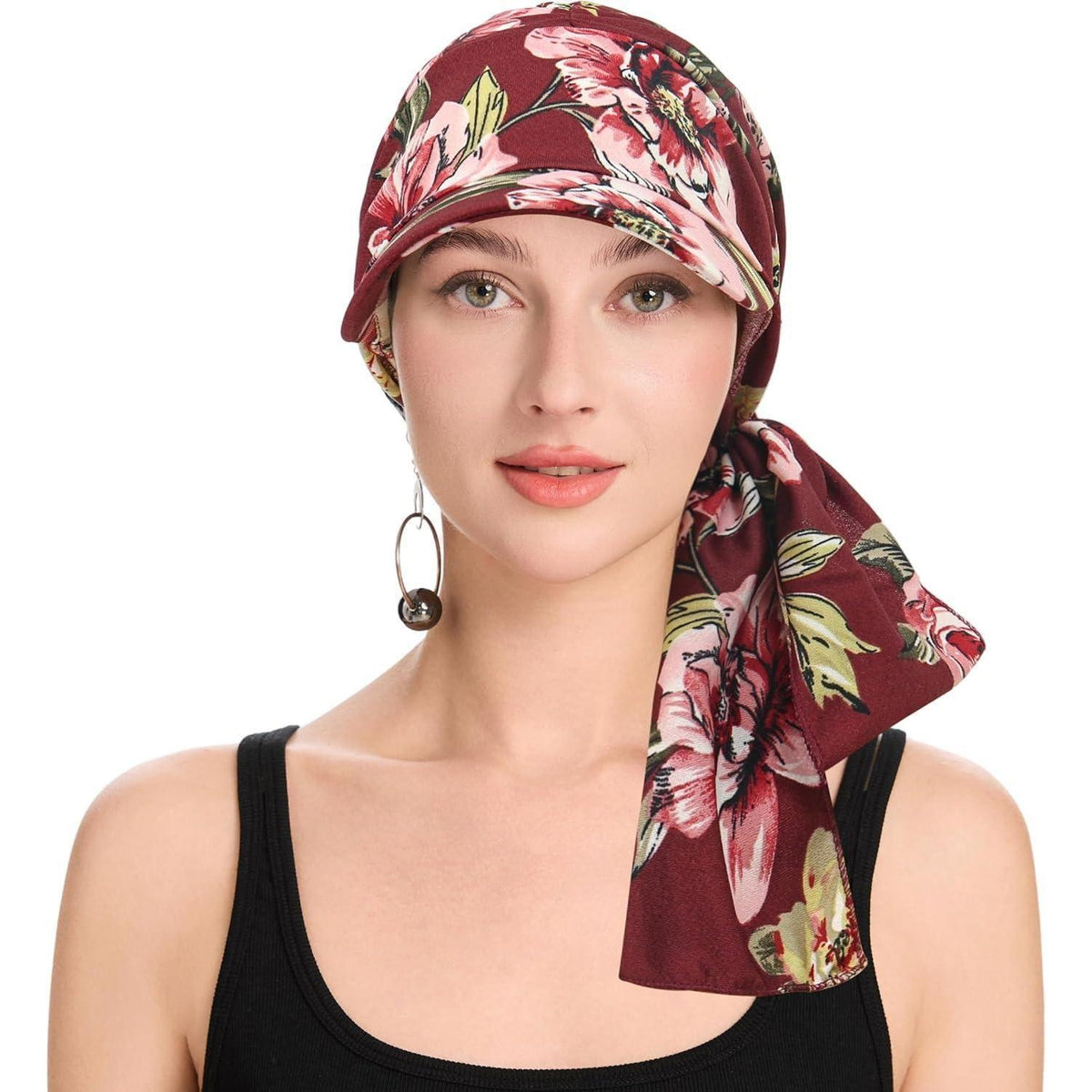Damen Chemo Kopfbedeckung mit Krempe, Blumenmuster Burgunderrot