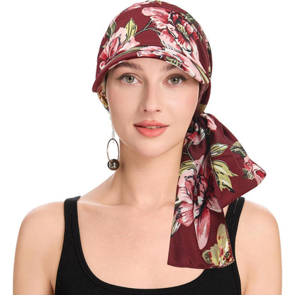 Damen Chemo Kopfbedeckung mit Krempe, Blumenmuster Burgunderrot