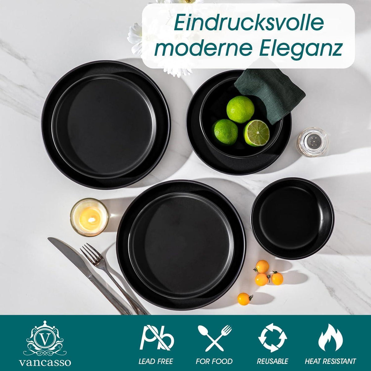 Steingut Geschirrset 12tlg für 4 Personen, Schwarz