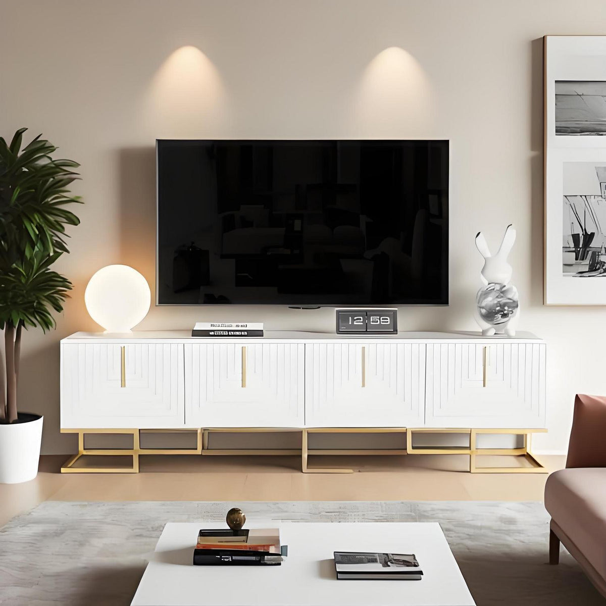 TV-Lowboard weiß mit goldenen Akzenten | 170x40x45.5cm