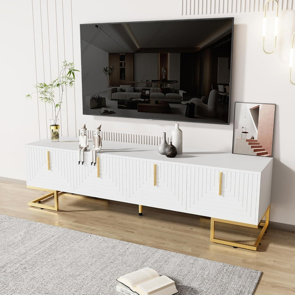TV-Lowboard weiß mit goldenen Akzenten | 170x40x45.5cm