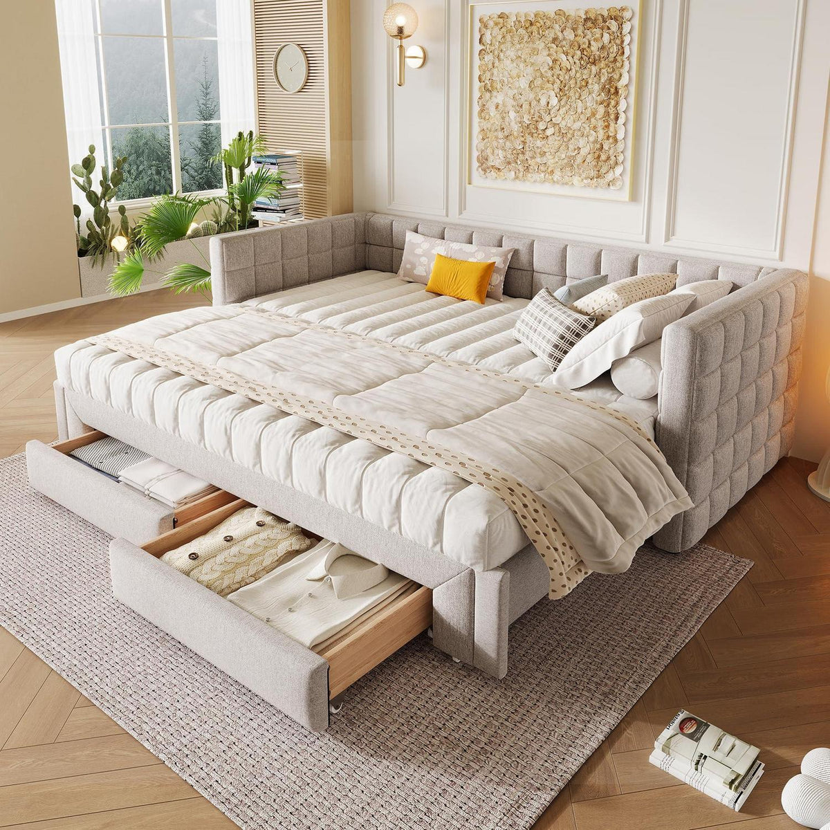 Tagesbett 90x200cm mit Bettkasten & Schubladen (Beige)