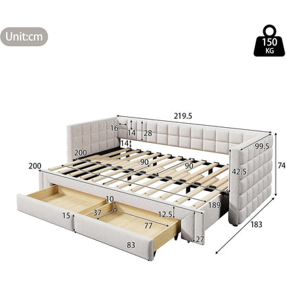 Tagesbett 90x200cm mit Bettkasten & Schubladen (Beige)