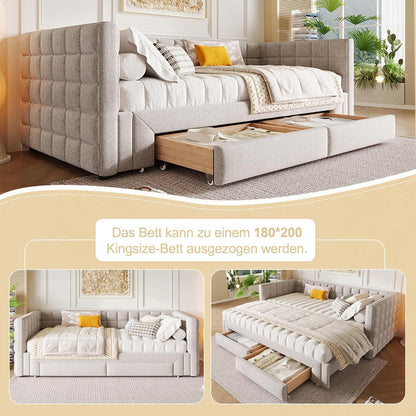 Tagesbett 90x200cm mit Bettkasten & Schubladen (Beige)