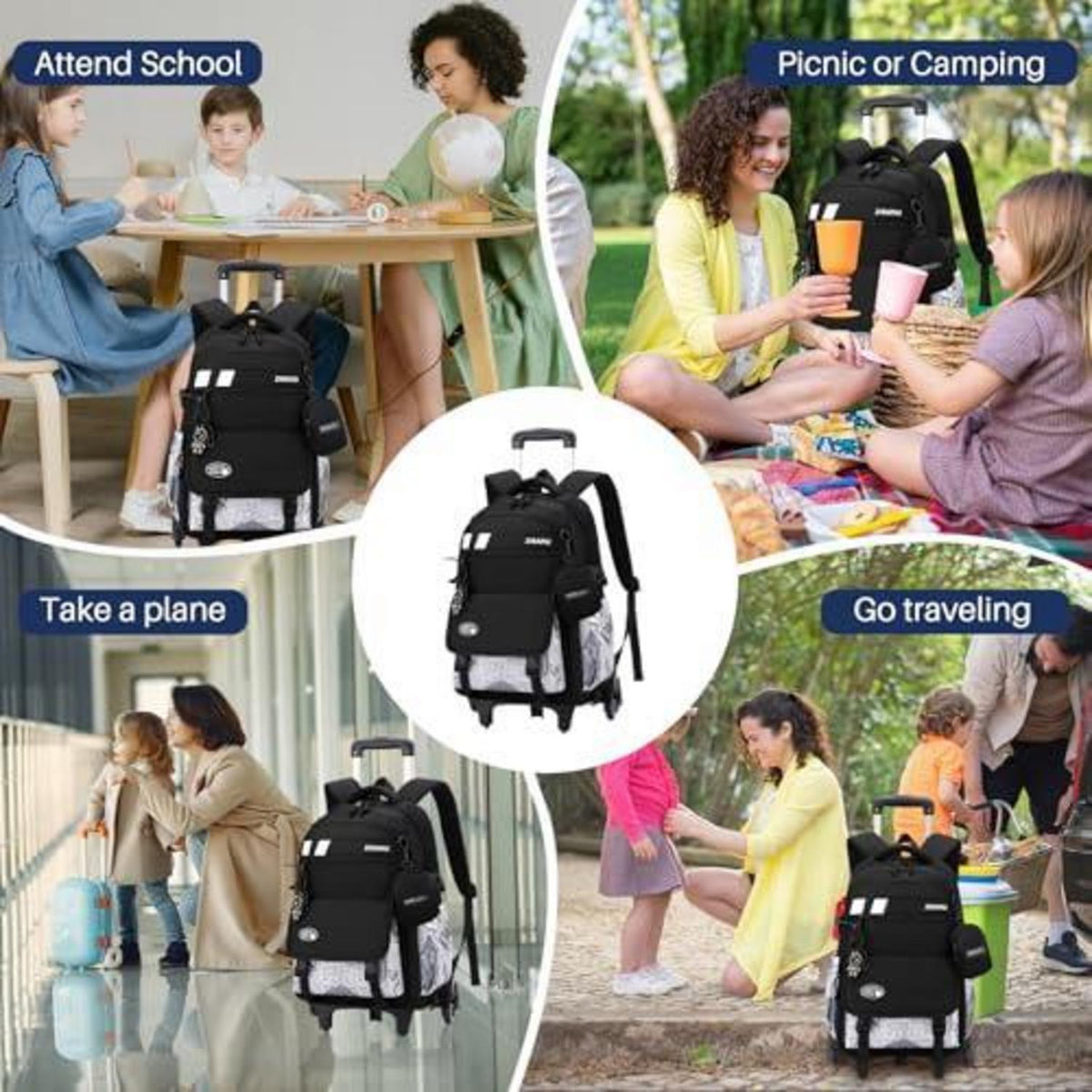 3er-Set Schulranzen mit Rollen – Kinder Schultasche Trolley Rucksack