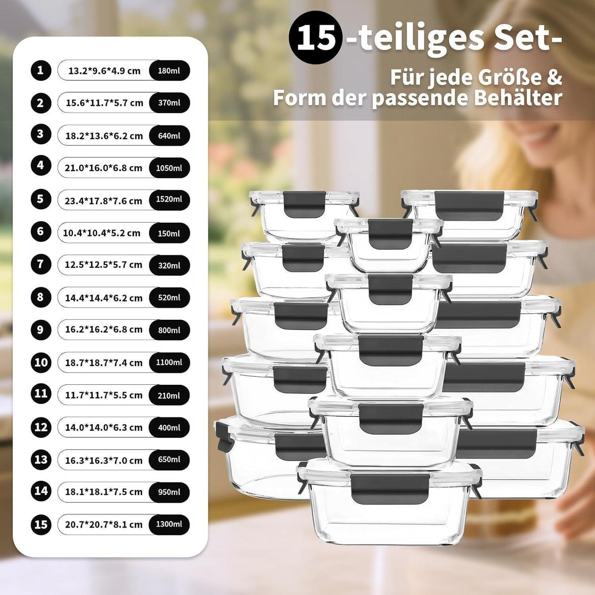 Glas Meal Prep Boxen 15er Set, Mikrowellenfest, Auslaufsicher, Schwarz