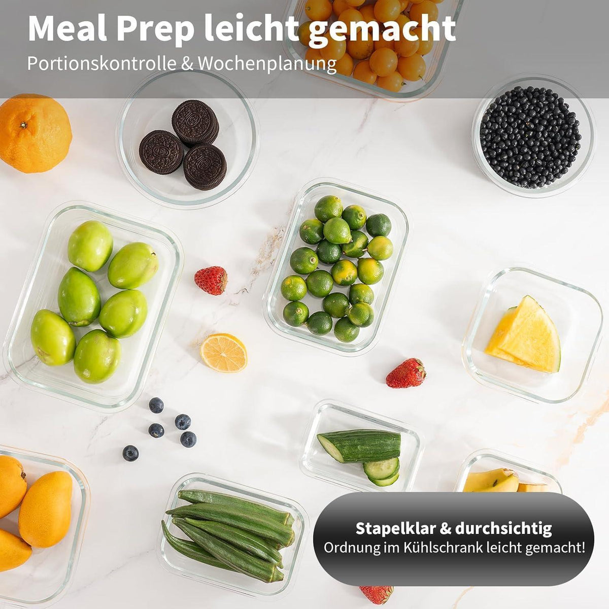 Glas Meal Prep Boxen 15er Set, Mikrowellenfest, Auslaufsicher, Schwarz