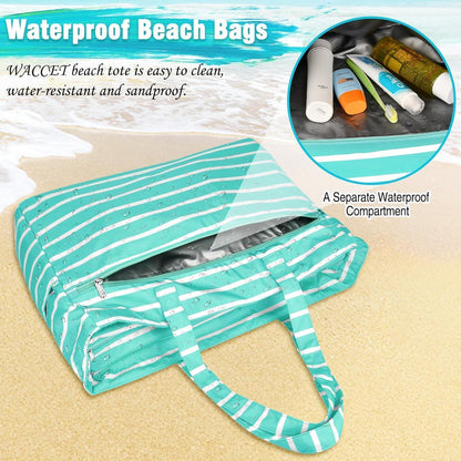 XXL Strandtasche mit 13 Taschen, wasserdicht, faltbar, grün gestreift