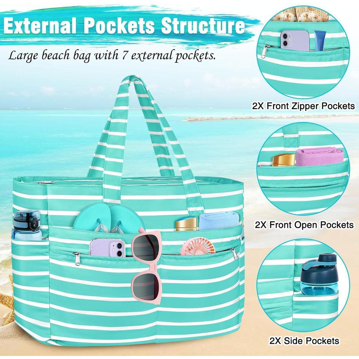 XXL Strandtasche mit 13 Taschen, wasserdicht, faltbar, grün gestreift