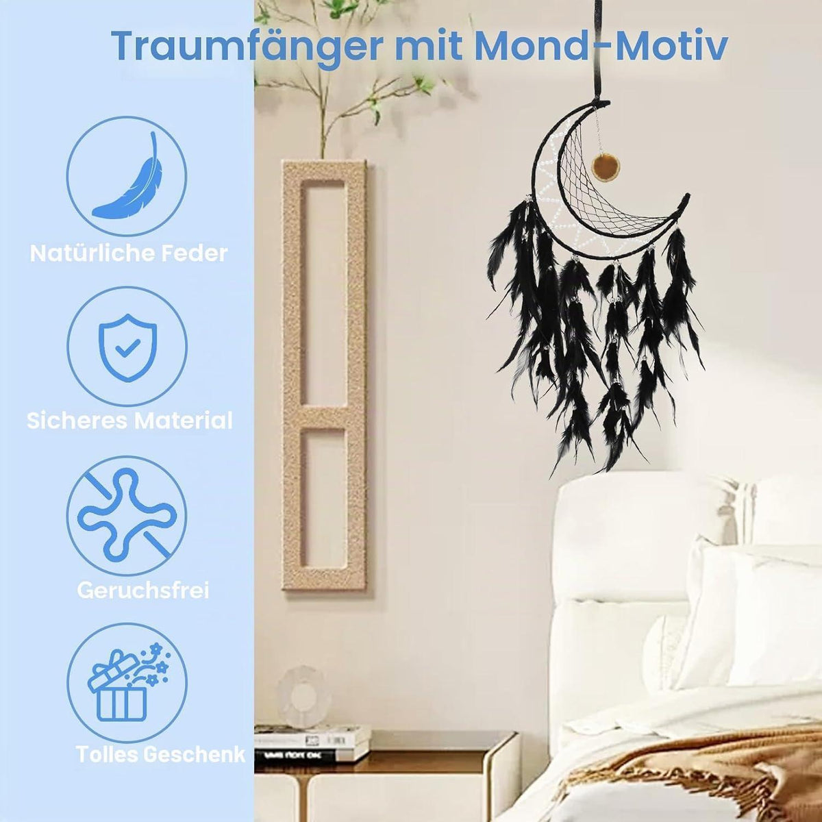Traumfänger Feder Boho Wandbehang Schwarz - Handgefertigter Traumfänger