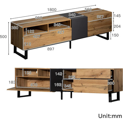 TV Lowboard 180cm mit 2 Schubladen – Schwarz & Holzoptik