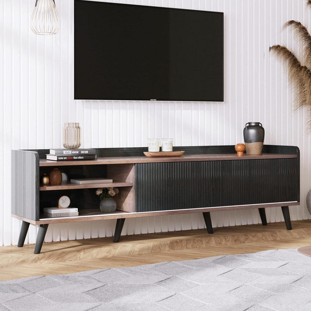 Schwarzer TV Schrank mit Schiebetür & 2 Schubladen (160x40x58cm)