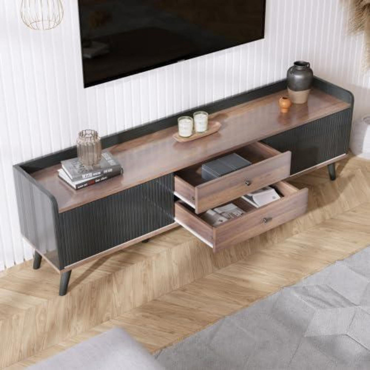 Schwarzer TV Schrank mit Schiebetür & 2 Schubladen (160x40x58cm)