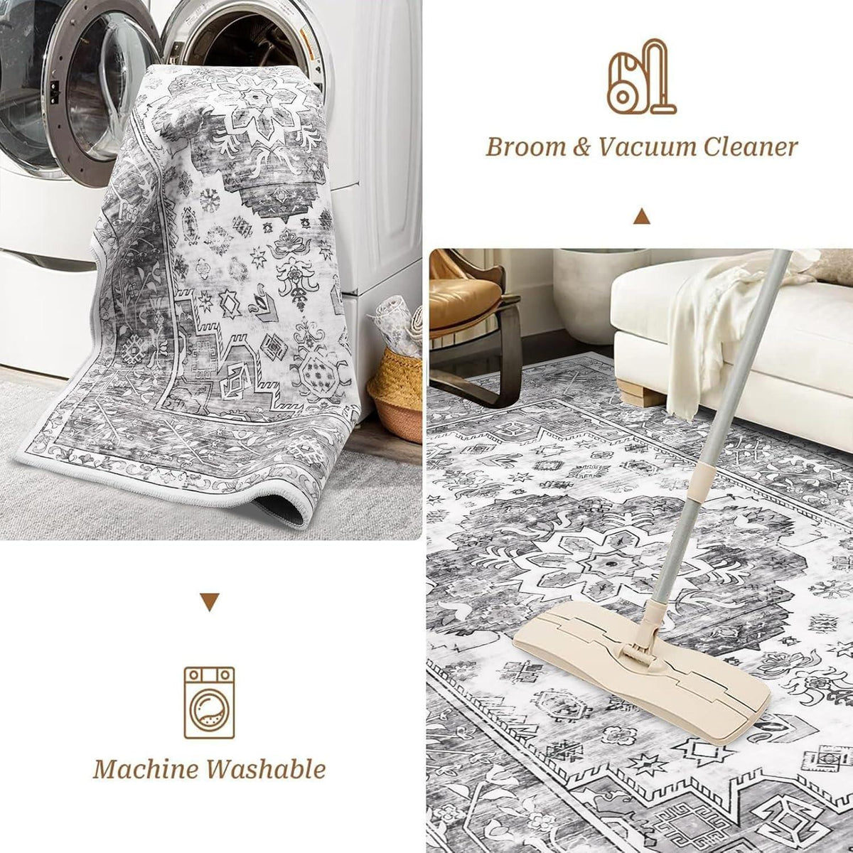 Waschbarer Kurzflorteppich 200x290 cm Vintage Boho Grau
