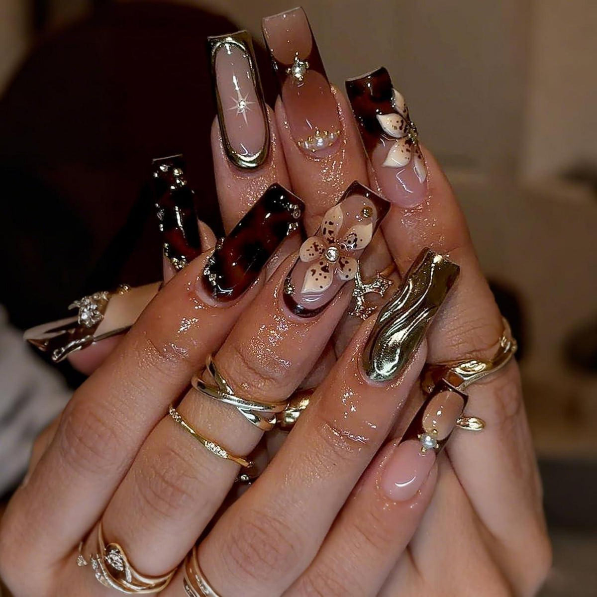 MouyouGlow Press On Nails Leopard French Blumen Nageldesign