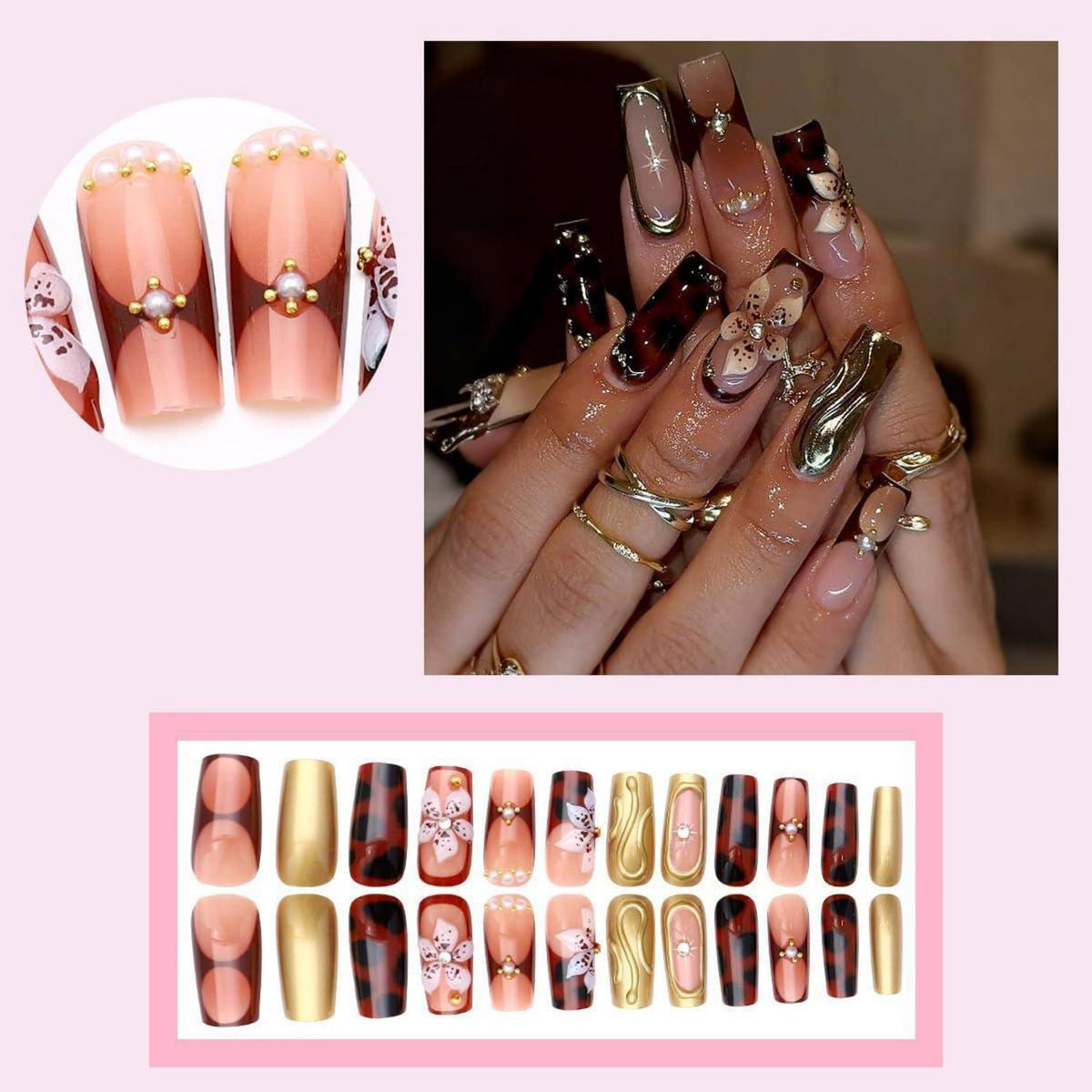 MouyouGlow Press On Nails Leopard French Blumen Nageldesign