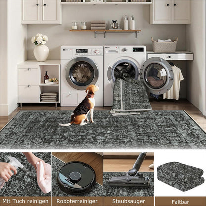 Vintage Teppich Schwarz 240x300cm Waschbar Wohnzimmer Teppich