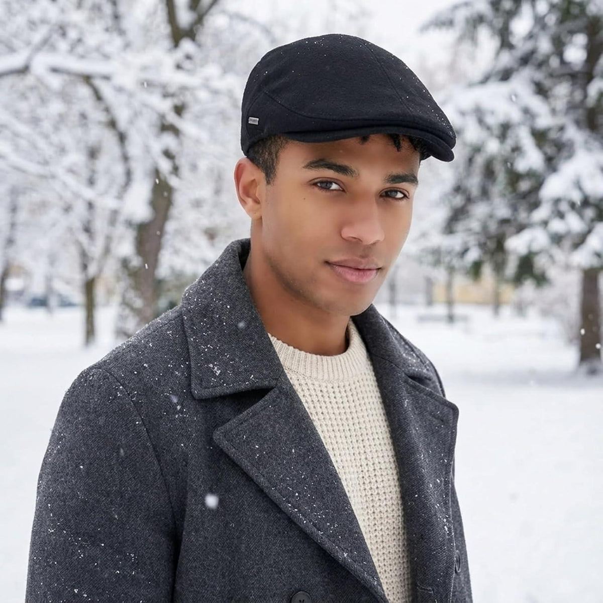 Herren Schiebermütze Winter - Flat Cap Schwarz, Größe M-L