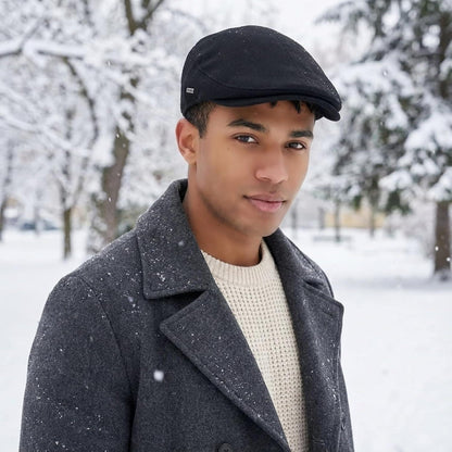 Herren Schiebermütze Winter - Flat Cap Schwarz, Größe M-L