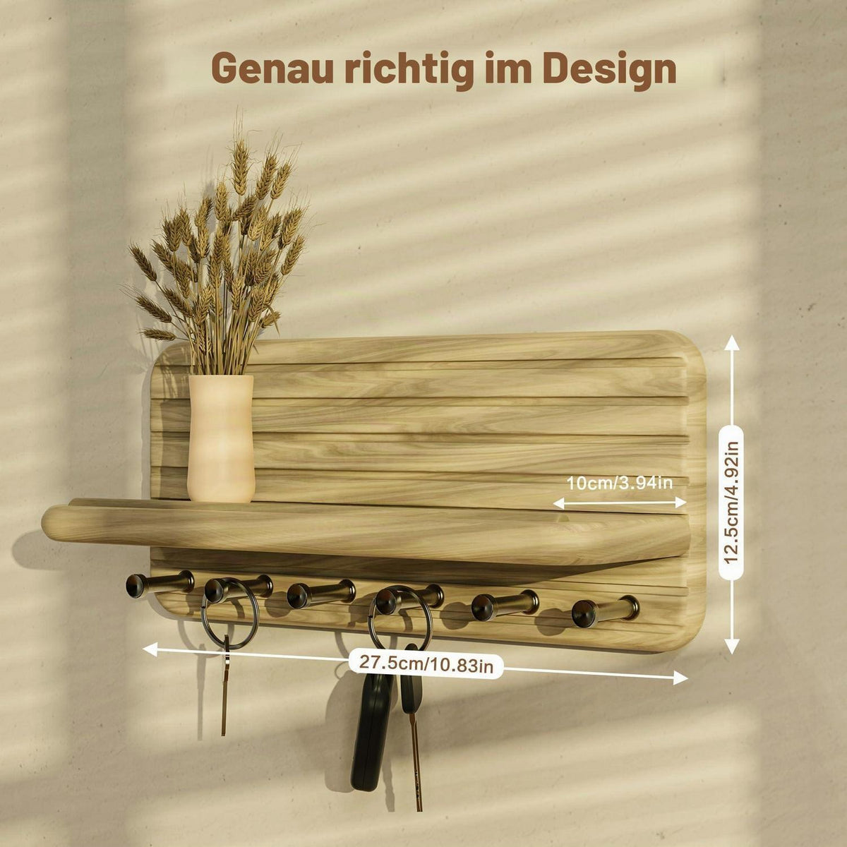 Schlüsselbrett Holz mit Ablage und 6 Haken