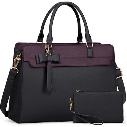 RAINSMORE Shopper Damen Laptoptasche 15.6 Zoll Wasserdicht Set Schwarz+Lila in Lederoptik