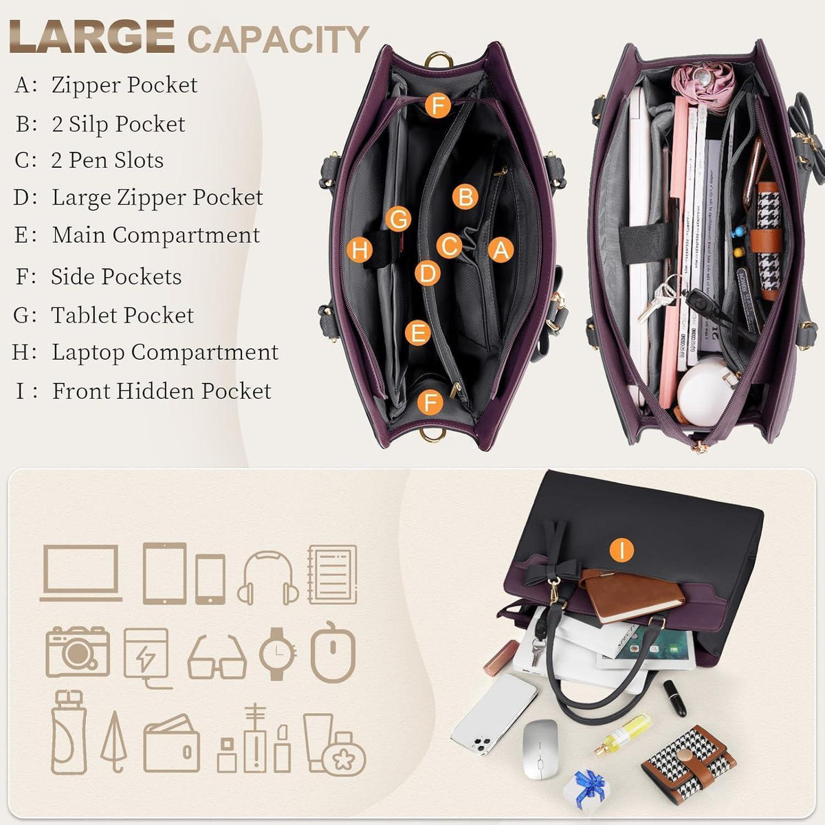 RAINSMORE Shopper Damen Laptoptasche 15.6 Zoll Wasserdicht Set Schwarz+Lila in Lederoptik