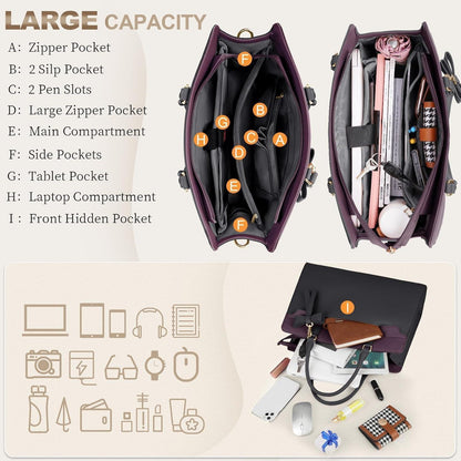 RAINSMORE Shopper Damen Laptoptasche 15.6 Zoll Wasserdicht Set Schwarz+Lila in Lederoptik