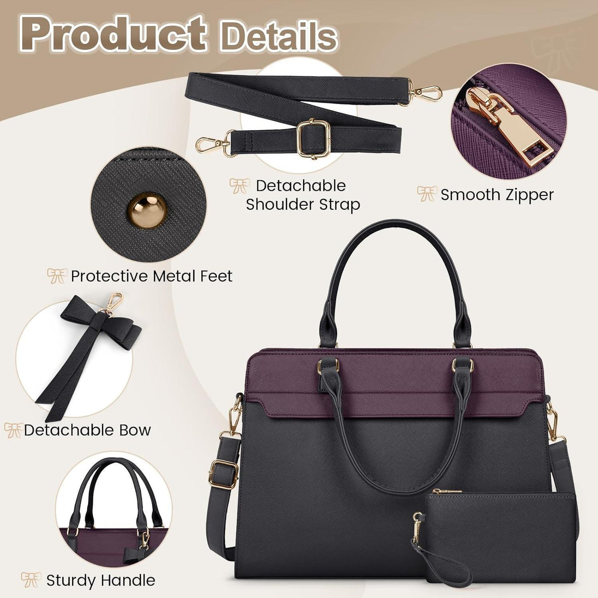RAINSMORE Shopper Damen Laptoptasche 15.6 Zoll Wasserdicht Set Schwarz+Lila in Lederoptik