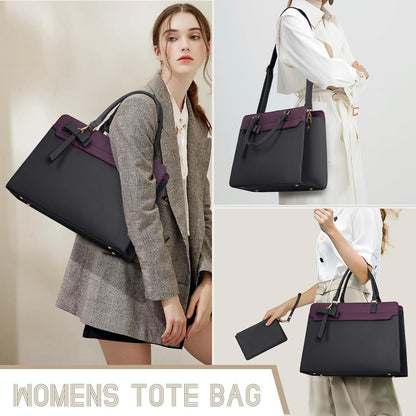 RAINSMORE Shopper Damen Laptoptasche 15.6 Zoll Wasserdicht Set Schwarz+Lila in Lederoptik