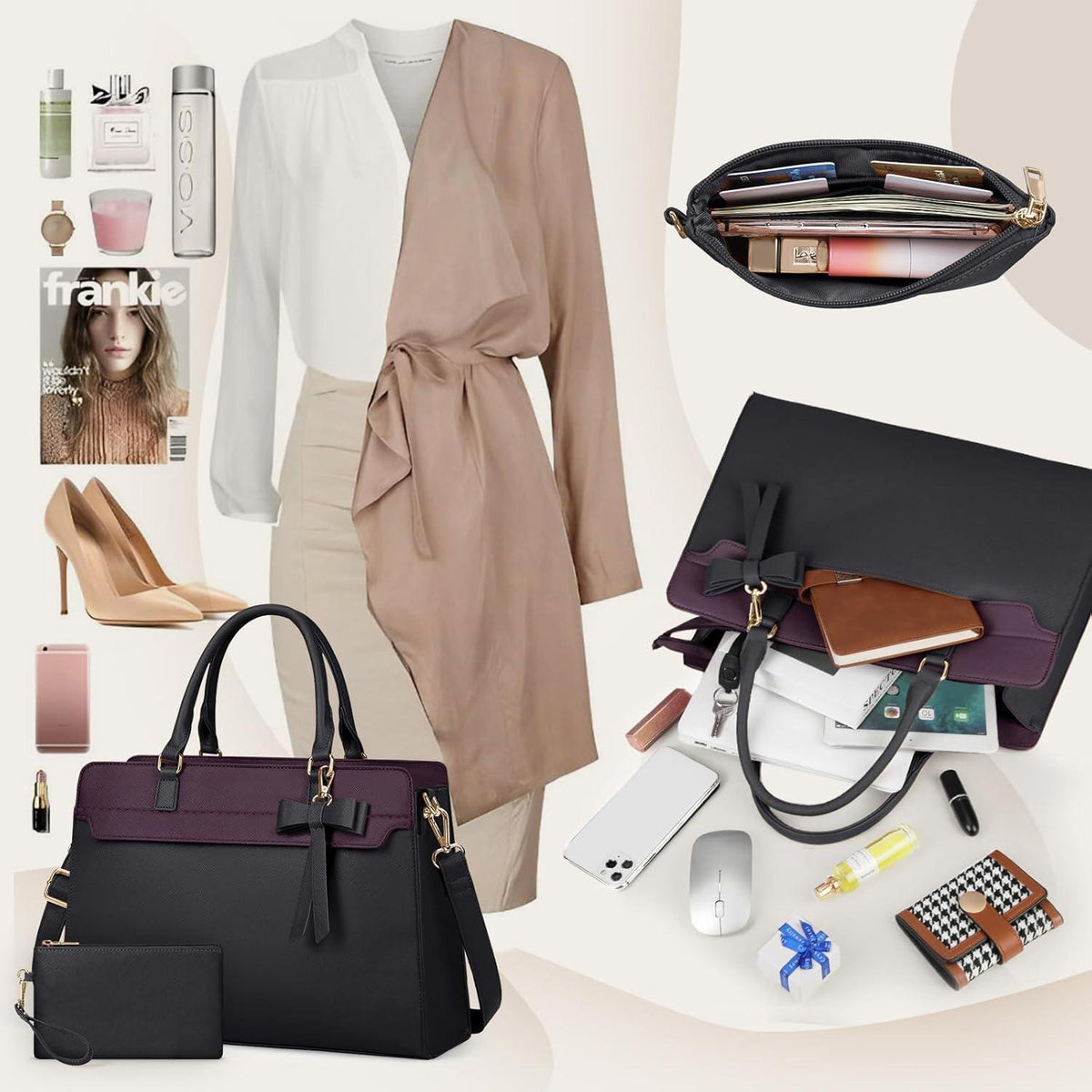 RAINSMORE Shopper Damen Laptoptasche 15.6 Zoll Wasserdicht Set Schwarz+Lila in Lederoptik