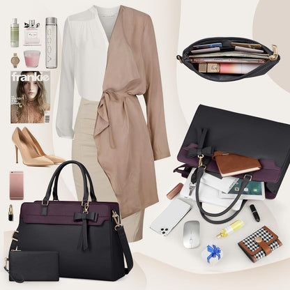 RAINSMORE Shopper Damen Laptoptasche 15.6 Zoll Wasserdicht Set Schwarz+Lila in Lederoptik